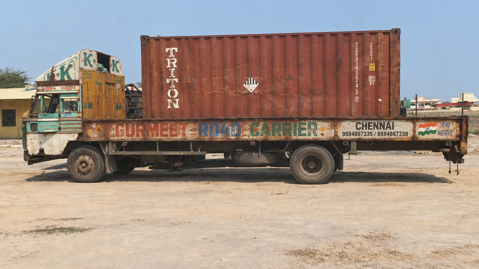 Container loaded on a truck in a yard