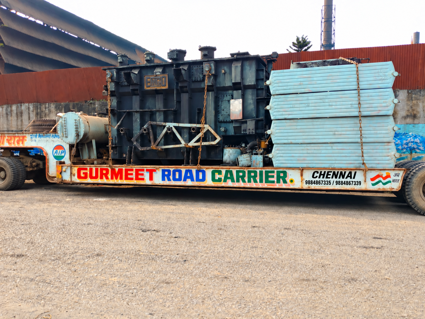 Transformer Transport: Power transformer loaded on a Road Carrier low-bed trailer